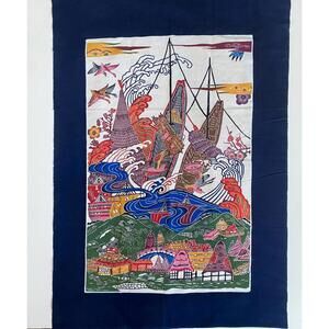 Japanese Indigo Bingata Katazome Fabric Panel 36" x 25" Birds Boats Waves Flower